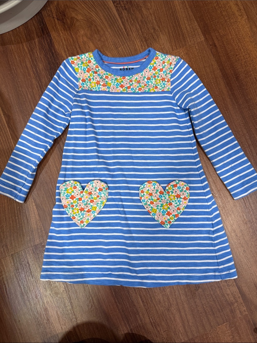 Mini Boden Blue and White Striped Dress with Floral Hearts